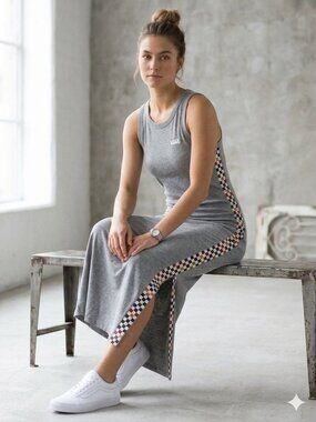 Vans Gray Sleeveless Maxi Tank with Checkerboard Side Stripe